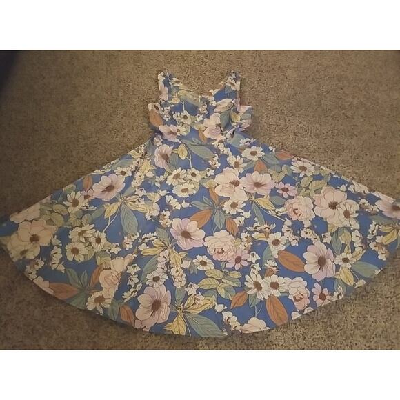 New Eva Rose Blue Pastel Floral V Neck Swing Dress Pockets Size Medium Retro - Picture 7 of 12